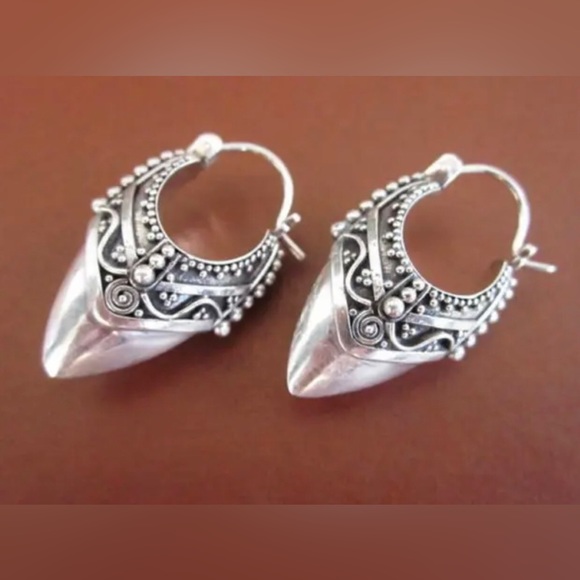 “Viking Spearpoint” Silver Nordic Ethnic Elaborate Point Ornate Embellished Hoop - Picture 3 of 16